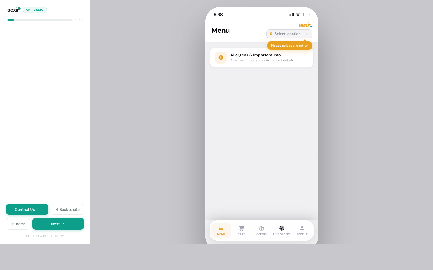 Screenshot of the Aexir customer ordering app demo