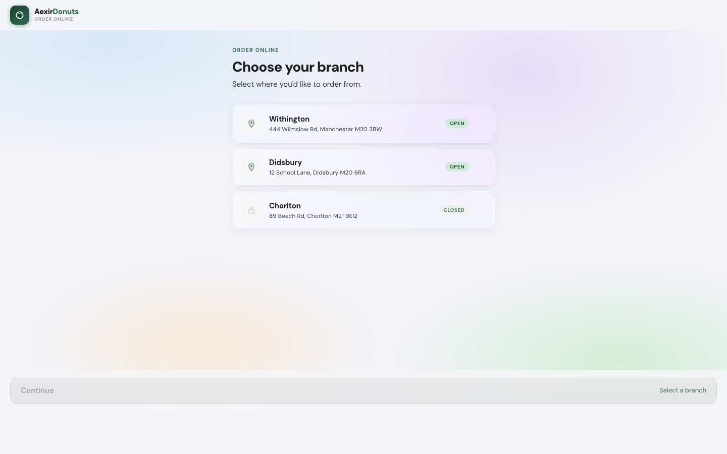 Screenshot of the Aexir ordering website demo